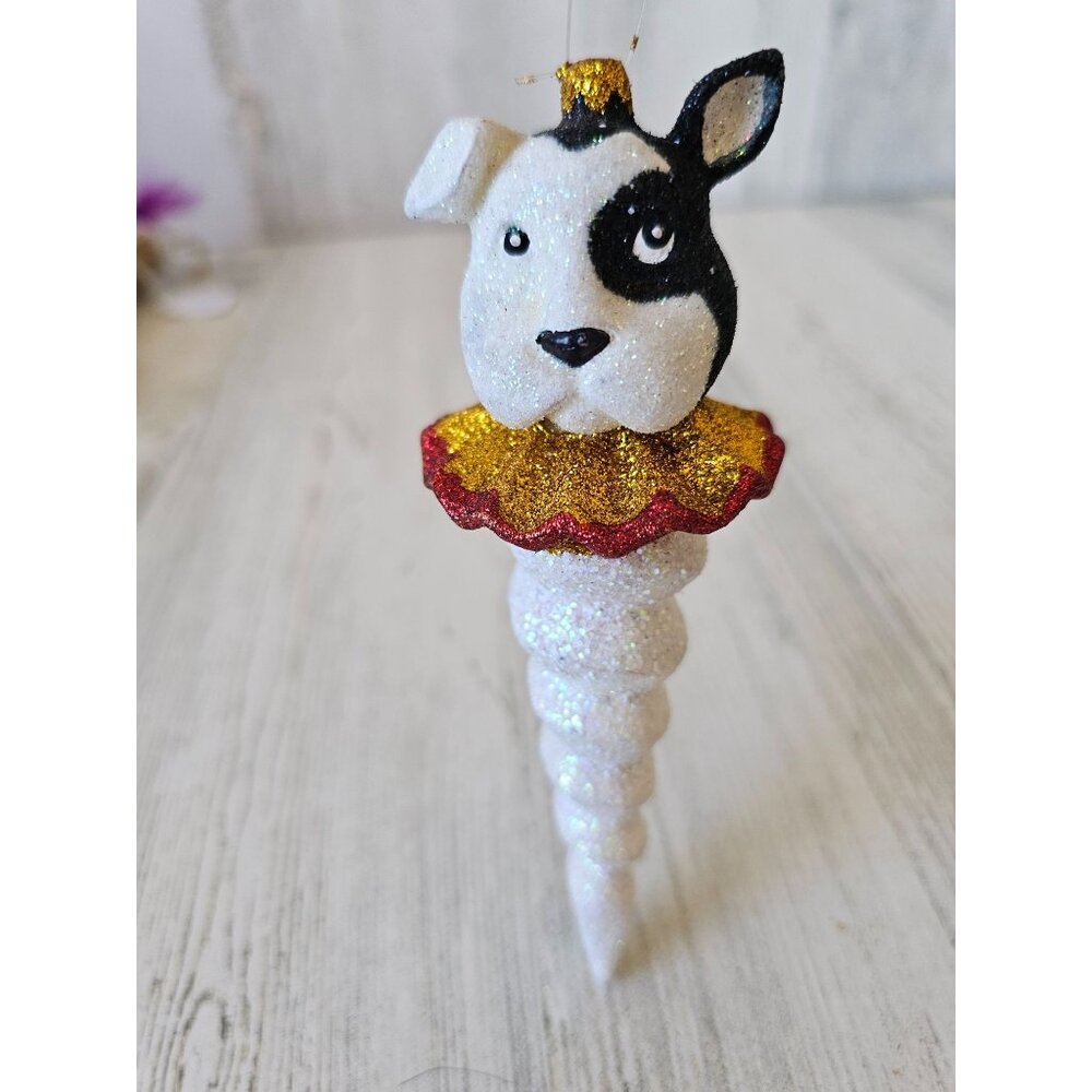 Dept 56 dog spiral icicle ornament glitter puppy bulldog jester Xmas tree